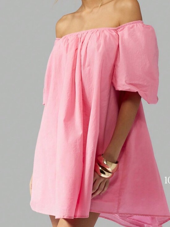 Dresses & Skirts - Pink Casual Women's Off-Shoulder Puff Sleeve Mini A-Line Party Dress